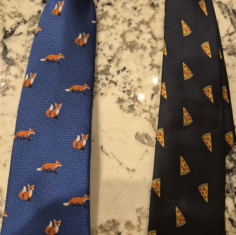Lot of 2 BOYS Blue Fox and Navy Blue Pizza Novelty Ties